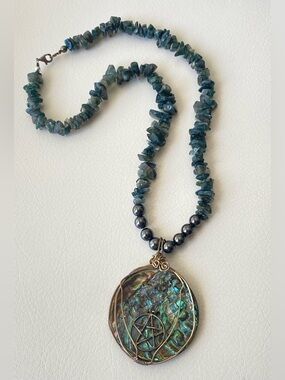 Large Sterling Moss Agate Necklace w Abalone Pentacle Pendant Handmade